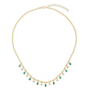 Emerald Bezel & Dangling Diamond Ball Chain Necklace