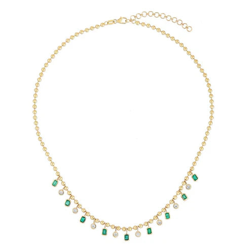 Emerald Bezel & Dangling Diamond Ball Chain Necklace